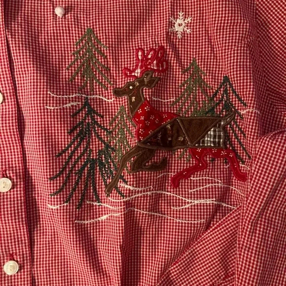 Karen Scott Vintage Red Gingham Christmas Shirt XL Embroidered Snowman Reindeer - Picture 2 of 6